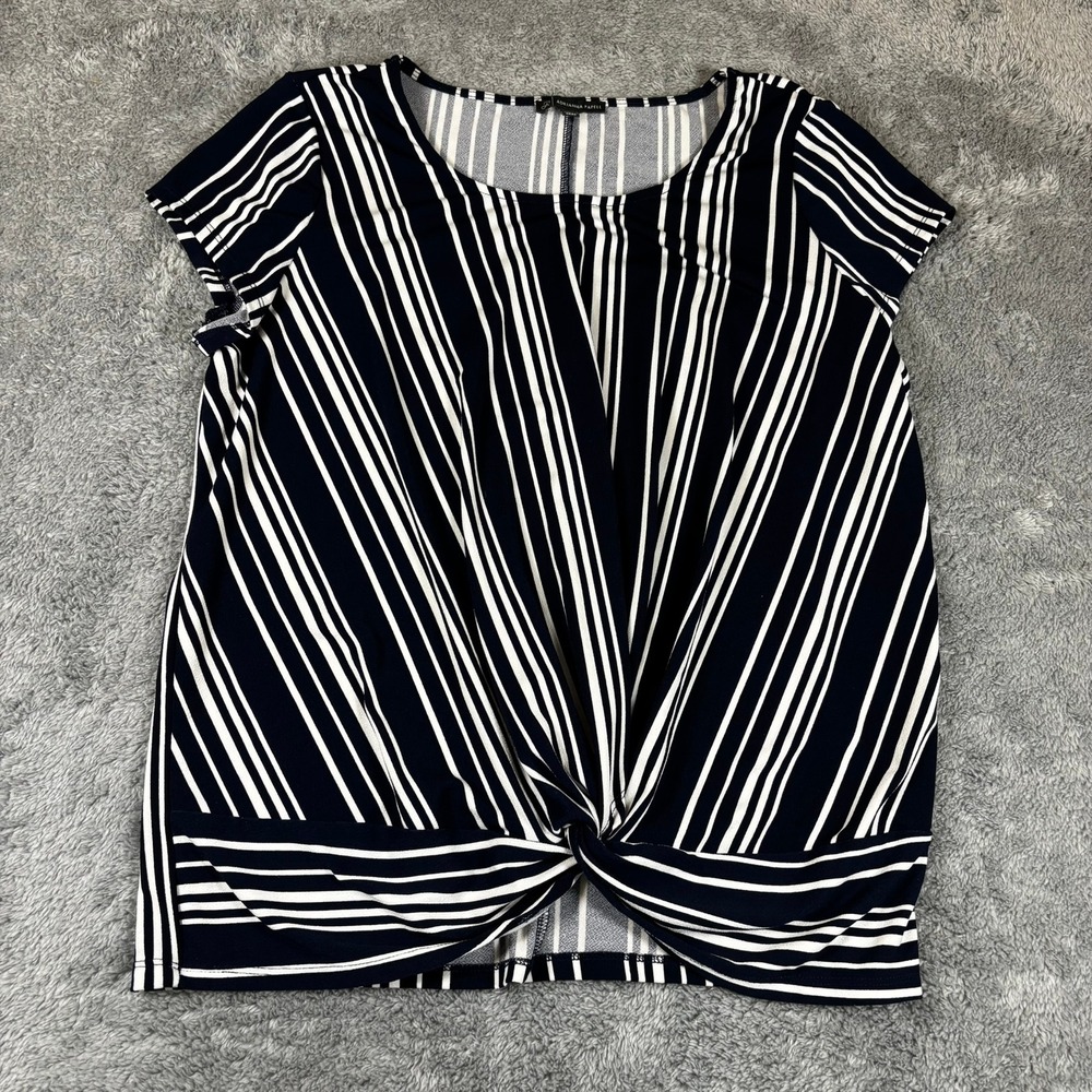 Adrianna Papell Navy White Striped Twist Front Short Sleeve Top Blouse M